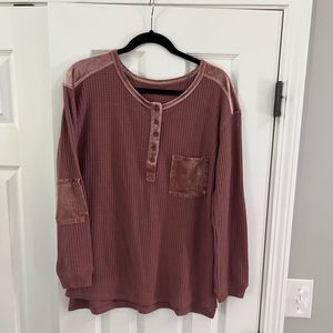 Mauve waffle knit top with elbow patch detail, size Medium